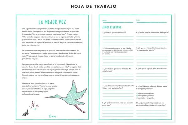 Hoja de trabajo para comprensión lectora 4 primaria. Fábula "La mejor voz" con preguntas para imprimir.