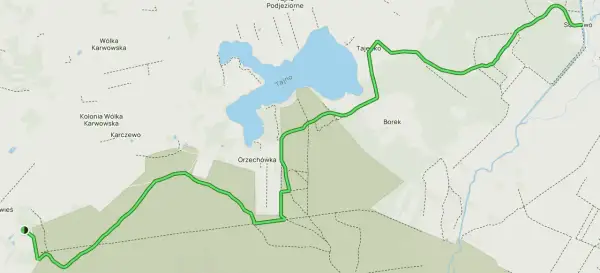 Mapa szlaków pieszych w Puszczy Bolimowskiej, prowadząca przez tereny leśne, w pobliżu jeziora Tajno i miejscowości takich jak Wólka Karwowska, Orzechówka i Borek.