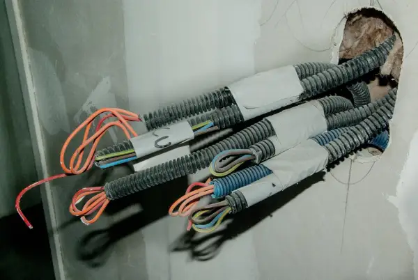 Przewody elektryczne w peszlach wychodzące ze ściany. Widać kolorowe żyły, gotowe do połączenia. To etap prac, jak przedłużyć przewód elektryczny w ścianie.
