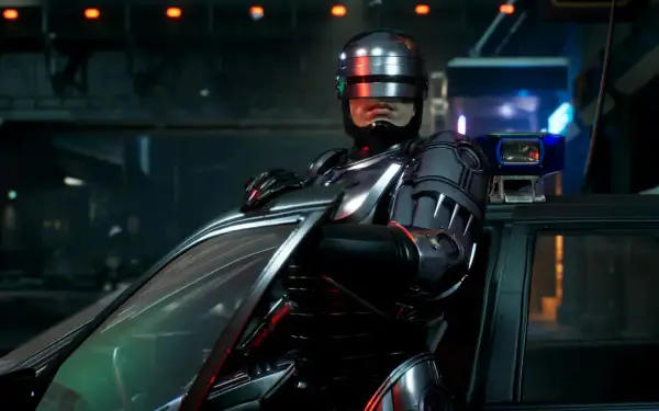 RoboCop w zbroi opiera się o samochód, gotowy do akcji w grze RoboCop: Rogue City.