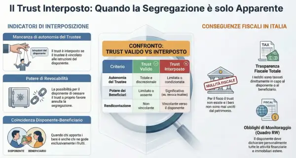 Infografica su trust interposto, confronto con trust valido, indicatori di interposizione e conseguenze fiscali in Italia. Utile per pianificazione successoria e fondo fiduciario vivente.