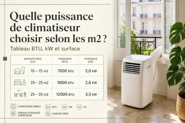 Tableau indiquant combien de BTU par m2 sont nécessaires pour choisir la bonne puissance de climatiseur mobile, avec des exemples pour différentes surfaces.