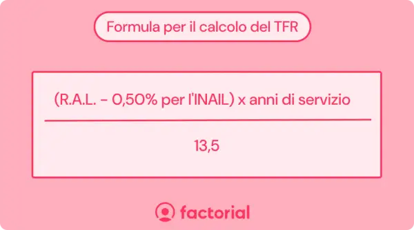 Formula per calcolare il TFR: (RAL - 0,50% INAIL) x anni di servizio. Utile per la busta paga di liquidazione.