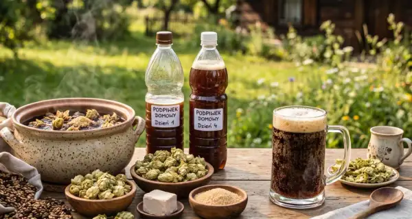 Domowy podpiwek, czy ma alkohol? Na stole składniki do jego produkcji: słód, chmiel, drożdże i cukier. Obok butelki z napojem i kufel pełen piany.