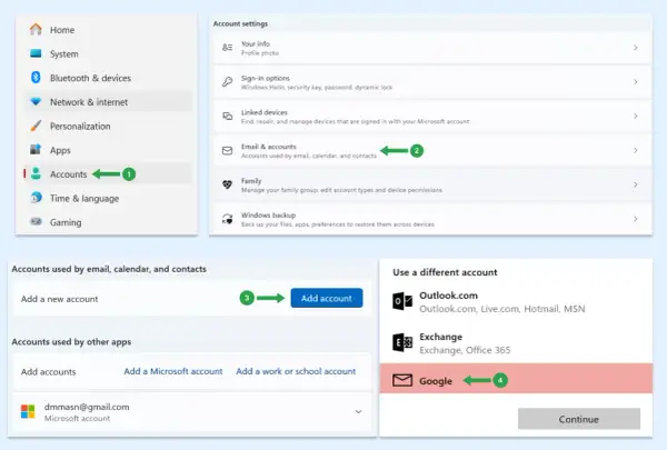 Ustawienia konta Windows, gdzie można dodać nowe konto poczty, kalendarza i kontaktów, aby umożliwić synchronizację kontaktów.