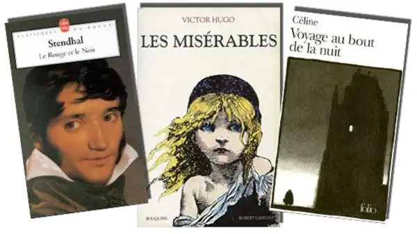 Trois couvertures de livres : "Le Rouge et le Noir" de Stendhal, "Les Misérables" de Victor Hugo, et "Voyage au bout de la nuit" de Céline. Ces œuvres font partie des plus beaux livres d'amour.