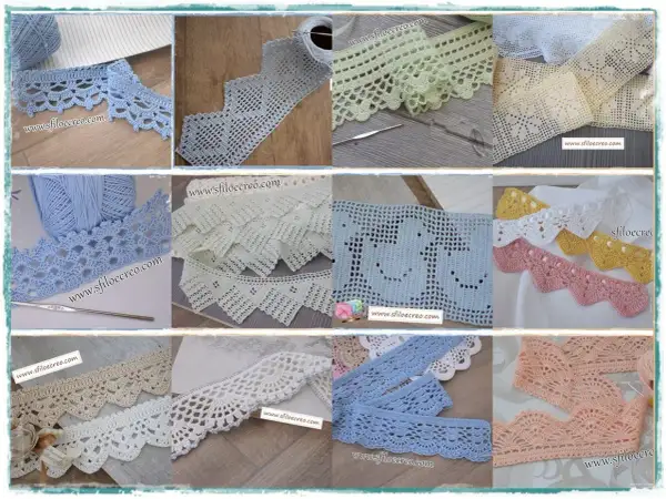 Vari pizzi all'uncinetto, in diverse fantasie e colori, mostrano come unire stoffa e uncinetto per creare bordi decorativi unici.