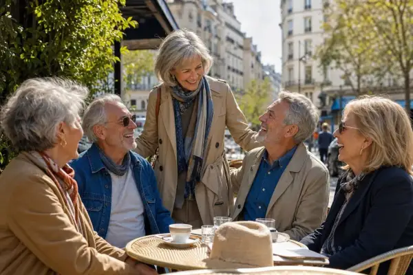 Des seniors rient et discutent à une terrasse, un exemple de comment se faire des nouveaux amis en profitant de la vie.