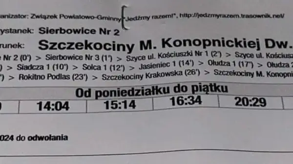 Fragment rozkładu jazdy PKS z godzinami odjazdów: 14:04, 15:14, 16:34, 20:29.