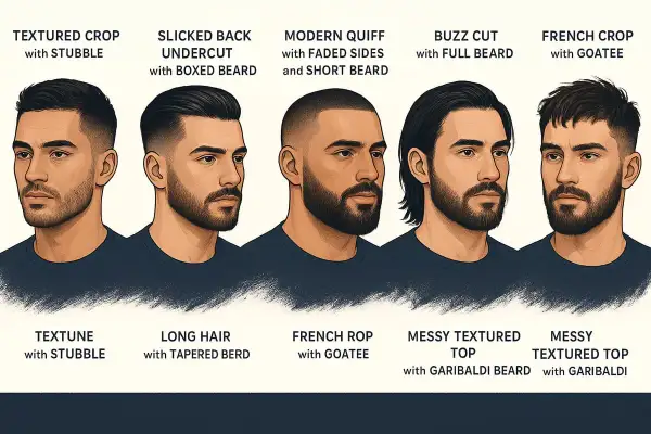 Cinq hommes présentent différentes coupes de cheveux et barbes. La **cheveux texture** varie de courte et texturée à longue et lisse.