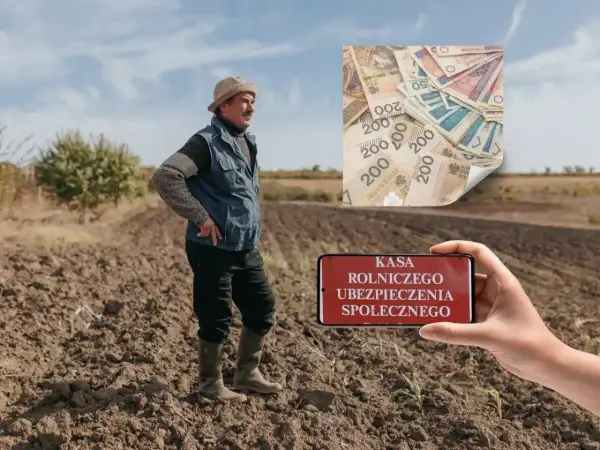 Rolnik na polu, smartfon z napisem "KASA ROLNICZEGO UBEZPIECZENIA SPOŁECZNEGO" i stos banknotów. Emerytura z KRUS.
