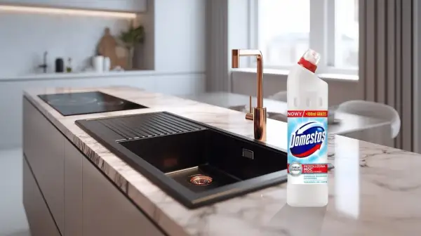 Nowy Domestos na zatkany zlew. Skutecznie usuwa zanieczyszczenia i zabija zarazki, przywracając blask Twojej kuchni.