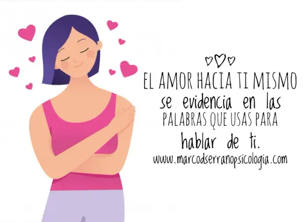 Mujer abrazándose, rodeada de corazones. "El amor hacia ti mismo se evidencia en las palabras que usas para hablar de ti." Frases de amor propio.