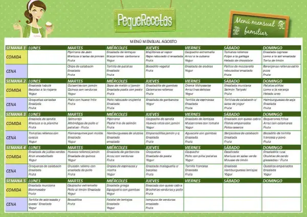 Planifica tus recetas semanales saludables con este menú mensual de agosto. ¡Comidas y cenas variadas para toda la familia!