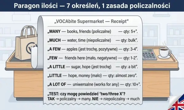 Paragon ilości: kiedy much, kiedy many. Lista określeń ilościowych w języku angielskim, od "many" (książki, przyjaciele) po "much" (woda, czas).