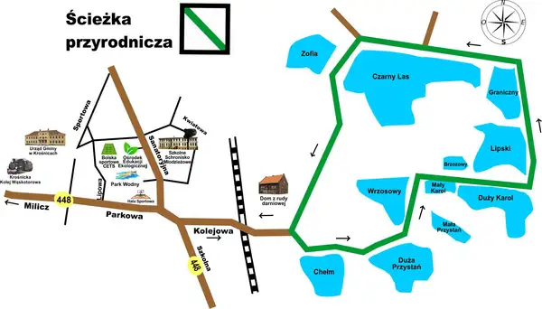 Mapa ścieżki przyrodniczej w Krośnicach. Widoczne stawy krośnickie: Czarny Las, Lipski, Duży Karol, Mały Karol, Wrzosowy, Zofia, Brzozowy, Graniczny, Mała Przystań, Duża Przystań.