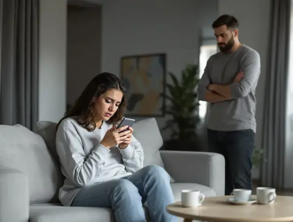 Mężczyzna z założonymi rękami obserwuje kobietę skupioną na telefonie. W powietrzu wisi napięcie, sugerujące obsesyjne kontrolowanie partnera.