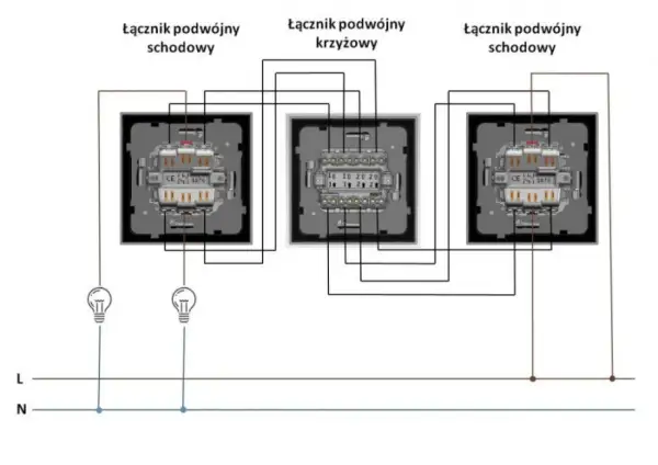 Schemat instalacji elektrycznej z łącznikiem podwójnym krzyżowym i dwoma schodowymi, sterującymi dwoma żarówkami.