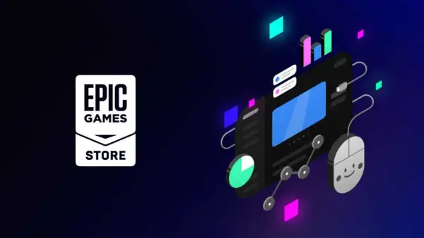 Logo Epic Games Store obok grafiki z myszką i wykresami, symbolizujące darmowe gry Epic Games.
