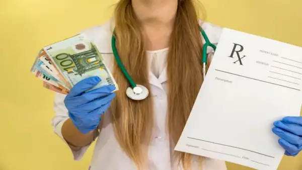 Lekarz w rękawiczkach trzyma receptę i pieniądze. Kto płaci za zwolnienie lekarskie w firmie poniżej 20 osób?