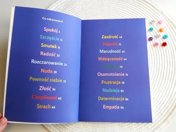 Otwarta książka z listą emocji: Spokój, Szczęście, Smutek, Radość, Rozczarowanie, Nuda, Pewność siebie, Złość, Cierpliwość, Strach, Zazdrość, Hojność, Marudność, Wdzięczność, Odwaga, Osamotnienie, Frustracja, Nadzieja, Determinacja, Empatia. To jakby z...