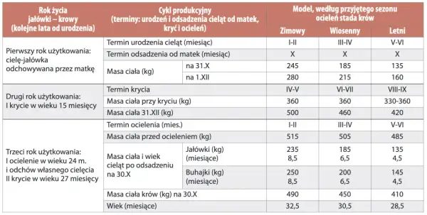 Tabela z danymi dotyczącymi cyklu produkcyjnego bydła, masy ciała i wieku w różnych sezonach.