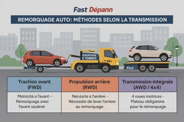 Illustration montrant les méthodes de remorquage selon la transmission : traction avant, propulsion arrière ou intégrale. Le remorquage dépend de la propulsion ou traction du véhicule.