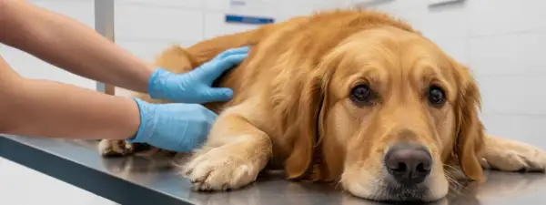 Ein Golden Retriever liegt auf einem Untersuchungstisch, während ein Tierarzt mit blauen Handschuhen ihn streichelt. Der Hund wirkt müde, vielleicht wegen IBD.
