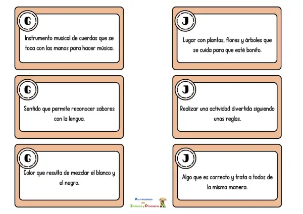 Tarjetas con preguntas divertidas tipo Pasapalabra para niños: instrumento musical, lugar bonito, sentido del gusto, actividad con reglas, color gris y trato justo.