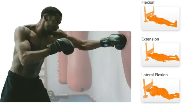 Boxer training for MMA neck strength with flexion, extension, and lateral flexion exercises shown.