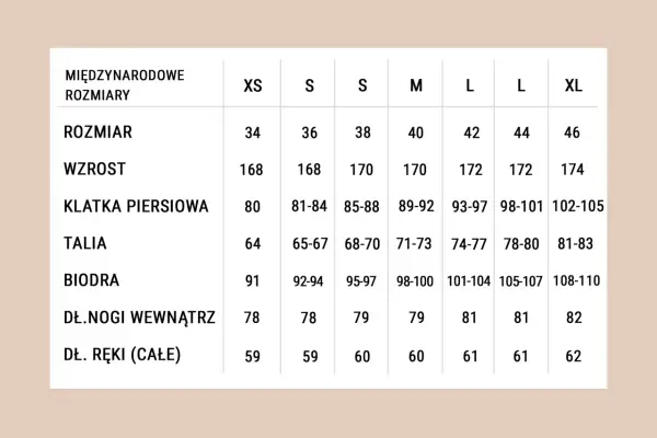 Tabela rozmiarów odzieży i butów: międzynarodowe rozmiary XS-XL, rozmiar, wzrost, klatka piersiowa, talia, biodra, dł. nogi, dł. ręki.