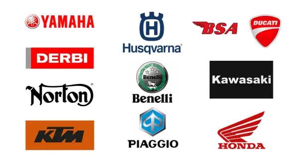 Logos de marcas de motos: Yamaha, Derbi, Norton, KTM, Husqvarna, Benelli, Piaggio, BSA, Ducati, Kawasaki y Honda.
