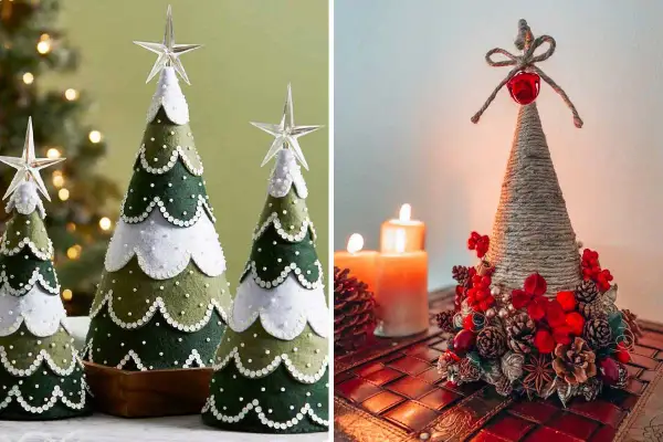 Coni natalizi fai da te: alberelli in feltro verde e bianco con stelle luminose e un cono decorato con spago, pigne e bacche rosse, accanto a candele accese.