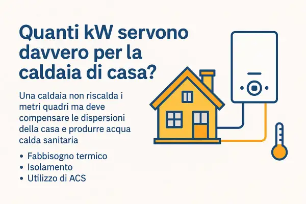 Quanti kW servono per la caldaia di casa? L'immagine illustra una casa, una caldaia e un termometro, suggerendo che la scelta dei kW dipende da fabbisogno termico, isolamento e uso ACS.
