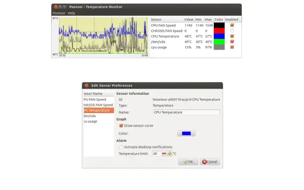 Monitor de temperatura de CPU en Psensor. Se muestra la gráfica de la temperatura y se editan las preferencias del sensor para ver la temperatura de la CPU.