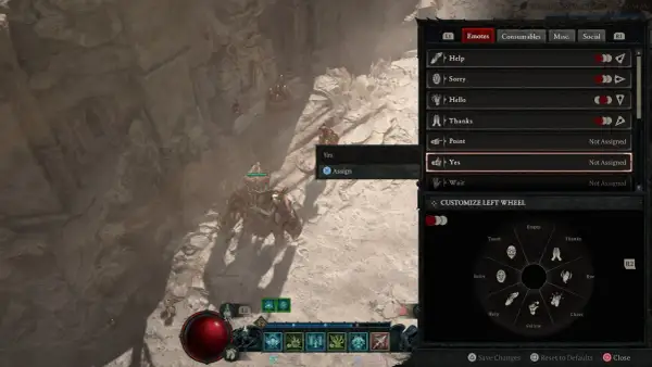 Wybieranie emotek "Tak" i "Nie" w menu gry Diablo 4, w zgodzie z tradycjami.