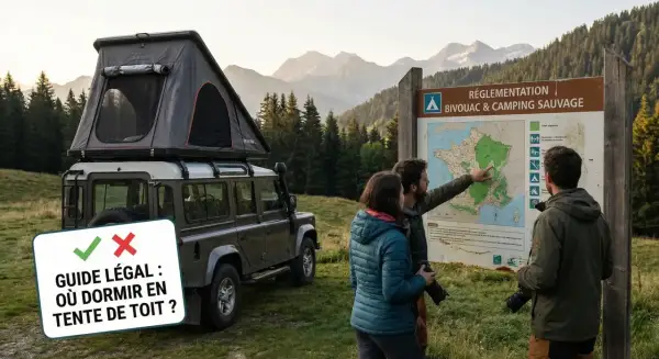 Un 4x4 avec tente de toit prêt pour un bivouac. Un couple consulte un panneau de réglementation pour le camping sauvage.