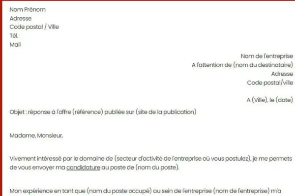 Modèle de lettre de motivation avec champs à remplir pour une candidature spontanée ou en réponse à une offre.