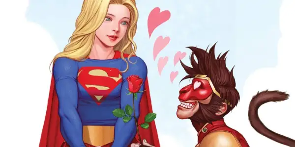 Supergirl z różą, a obok niej małpolud z serduszkami w oczach. Romantyczni chłopcy i spokój w powietrzu.