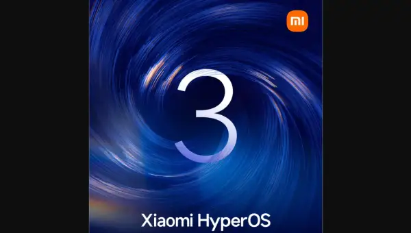 Xiaomi HyperOS: cyfra 3 na tle wirujących niebieskich linii.