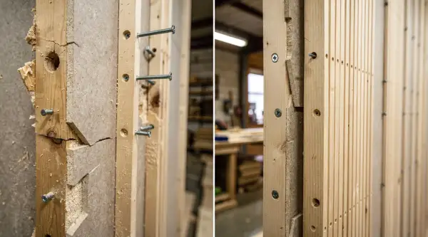 Détail de la fabrication d'une pancarte en bois : assemblage de planches de bois avec des vis, montrant la texture brute et les imperfections.