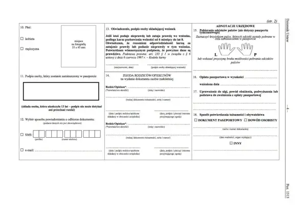 Formularz wniosku o paszport, z polami do wypełnienia danych osobowych, zgody rodziców, opłat i potwierdzenia tożsamości. Wniosek ten może być częścią procedury ubiegania się o mieszkanie komunalne.