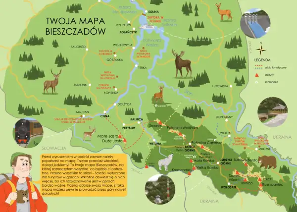 Mapa Bieszczadów z zaznaczonymi szlakami, schroniskami, szczytami i atrakcjami. Znajdziesz tu m.in. Solinę, Wetlinę, Ustrzyki Górne.