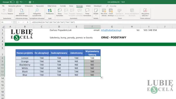 Tabela w Excelu z nazwami projektów, statusem akceptacji i zakończenia, oraz kolumną "Wystawiamy fakturę".