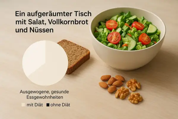 Salat, Vollkornbrot und Nüsse – eine Mahlzeit mit guten Kalorien für ausgewogene Essgewohnheiten.