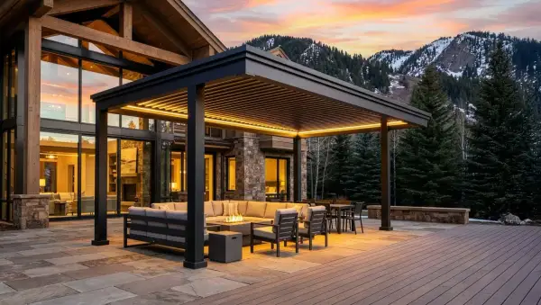 Modern pergola with integrated lighting over a deck, featuring outdoor seating and a fire pit. This image showcases how to build a pergola on a deck for ultimate outdoor living.