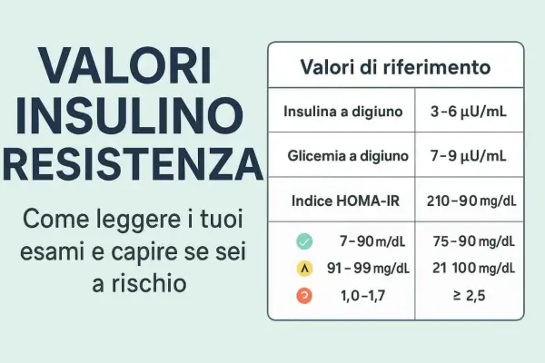 Valori di riferimento per insulina, glicemia e indice HOMA-IR, utili per interpretare la curva glicemica e valutare il rischio di insulino-resistenza.