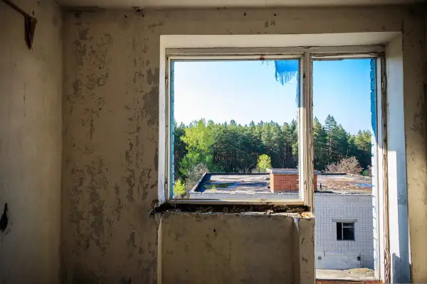 Widok z okna na zniszczony budynek i las. Wnętrze to pustostan z odpadającą farbą.