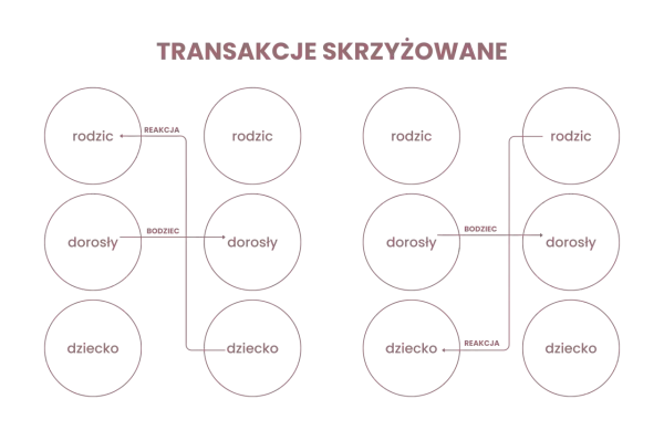 Schemat analizy transakcyjnej: rodzic, dorosły, dziecko w interakcji. Bodziec i reakcja między stanami ego.