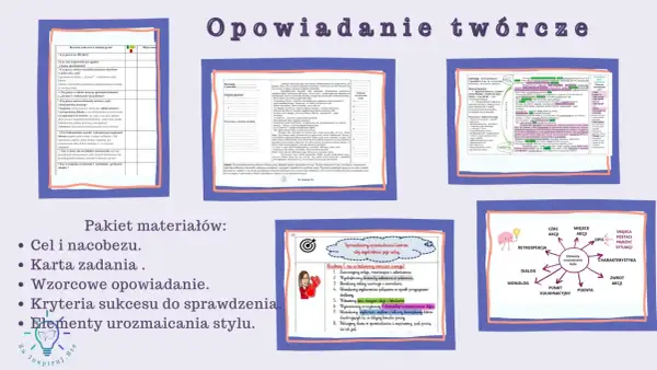 Pakiet materiałów do opowiadania twórczego: cele, karta zadania, wzorzec, kryteria sukcesu i elementy urozmaicania stylu.